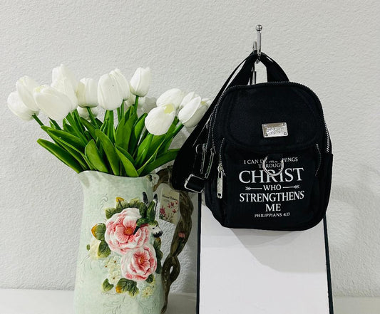 Black 3 zipper Crossbody bag with scripture and adjustable strap