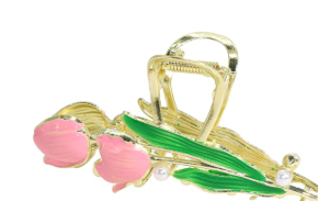 Metal Large Pink Tulips with pearls hair clip