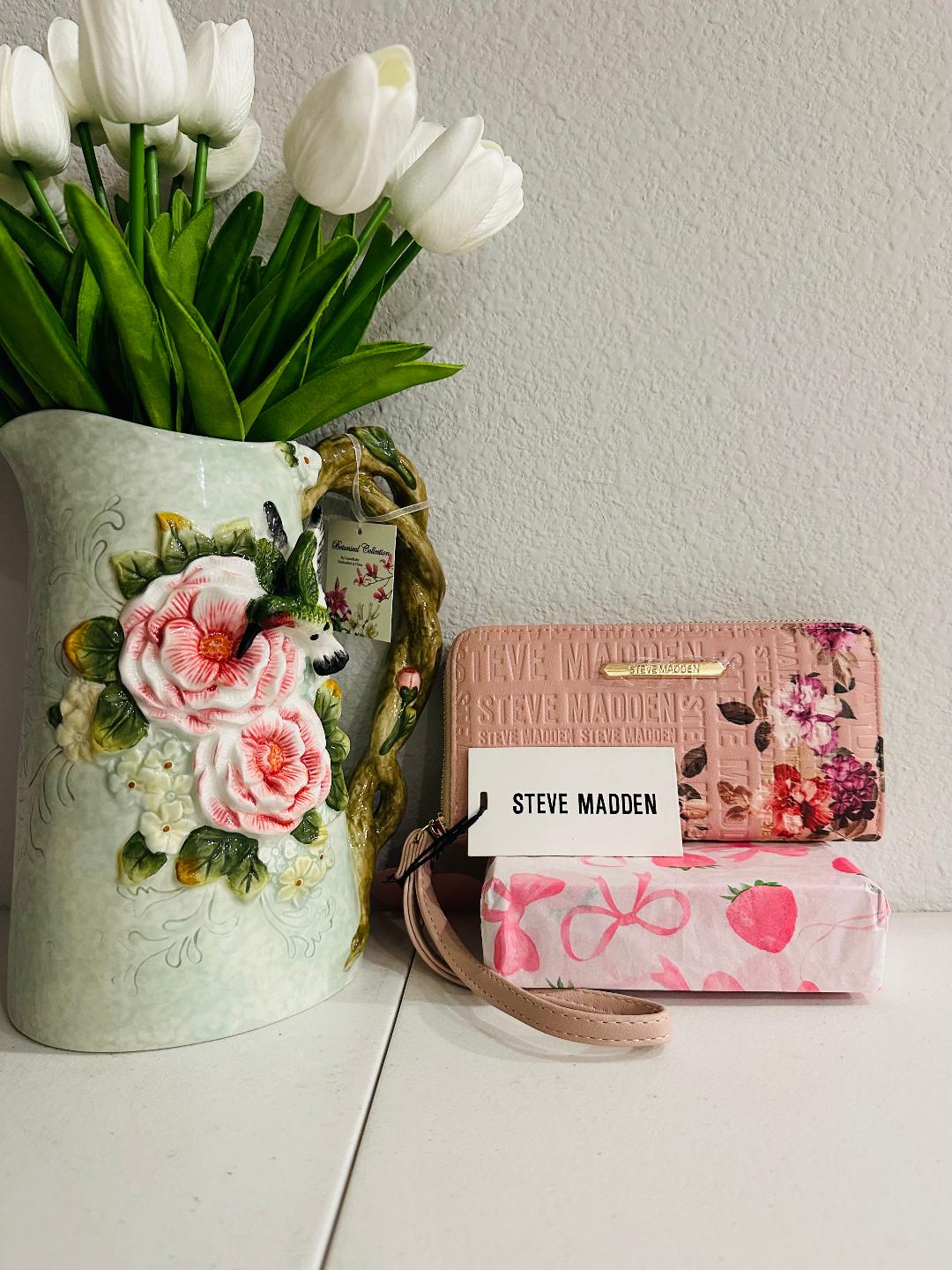 Pink Steve Madden wristlet wallet with flowers